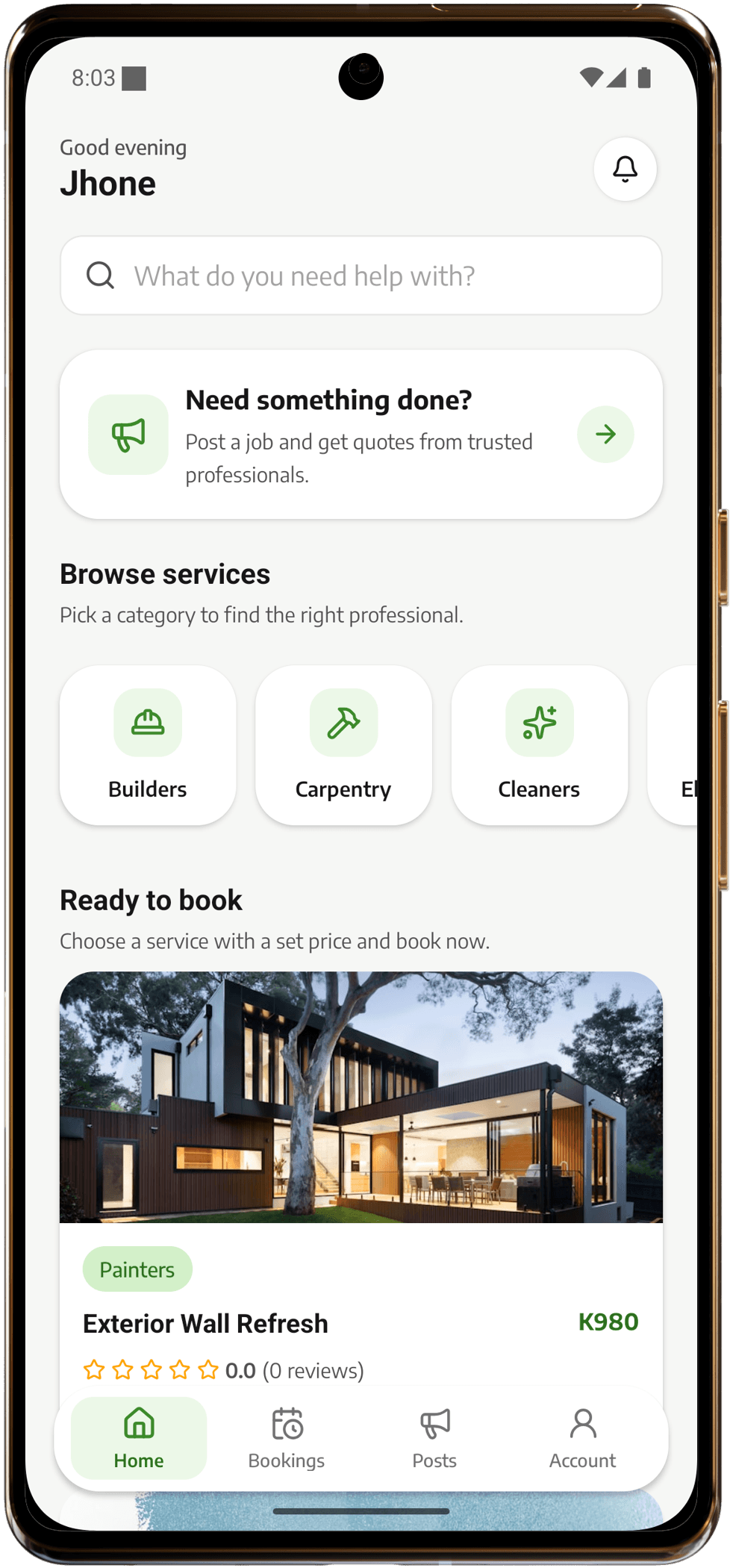 FixConnect home screen for booking plumbers, electricians, and cleaners in Zambia